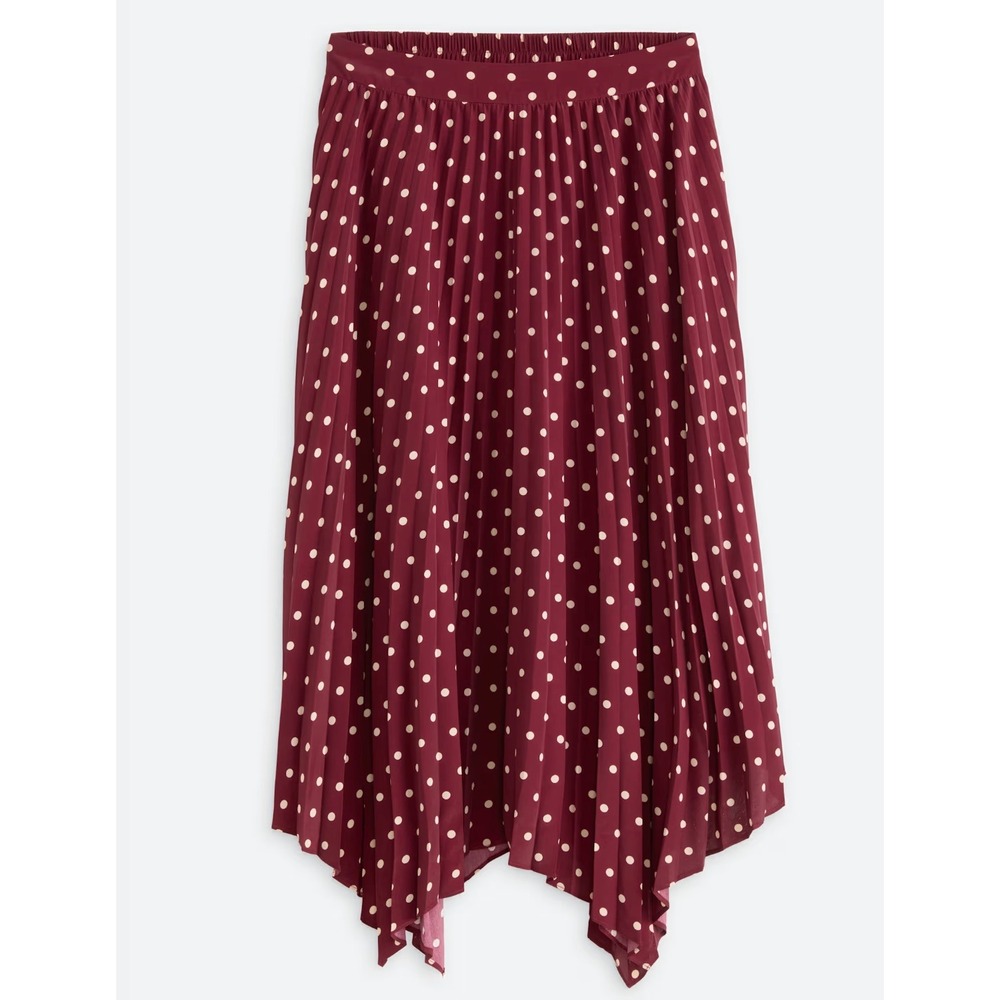 Skies Are Blue Sarah Pleated Asymmetrical Hem Midi Skirt Burgundy Polka Dot S